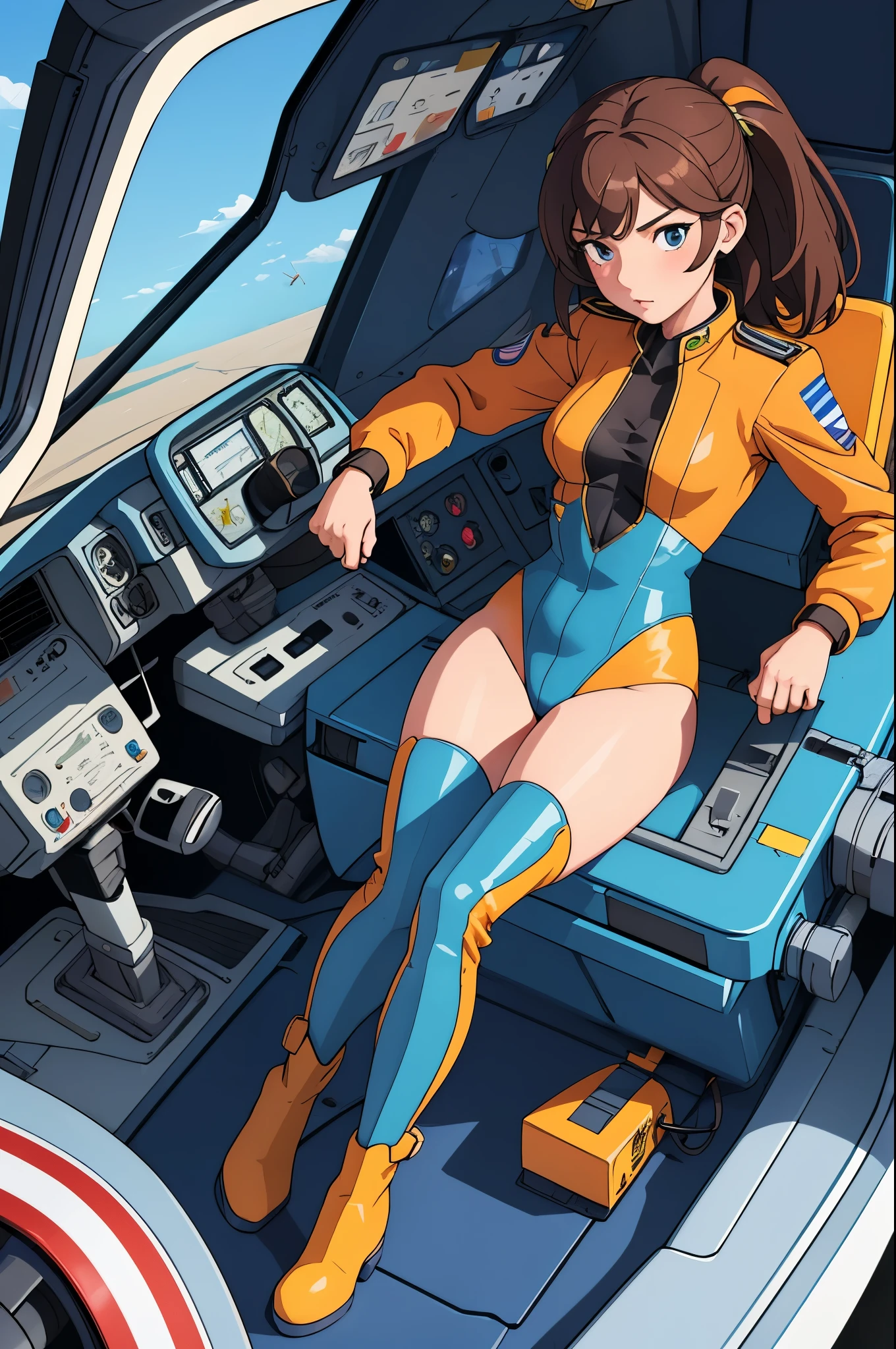 (masterpiece),( best quality), 1girl, pilot, flying helicopter, from cockpit, leotard, bare legs, knee boots, matching boots