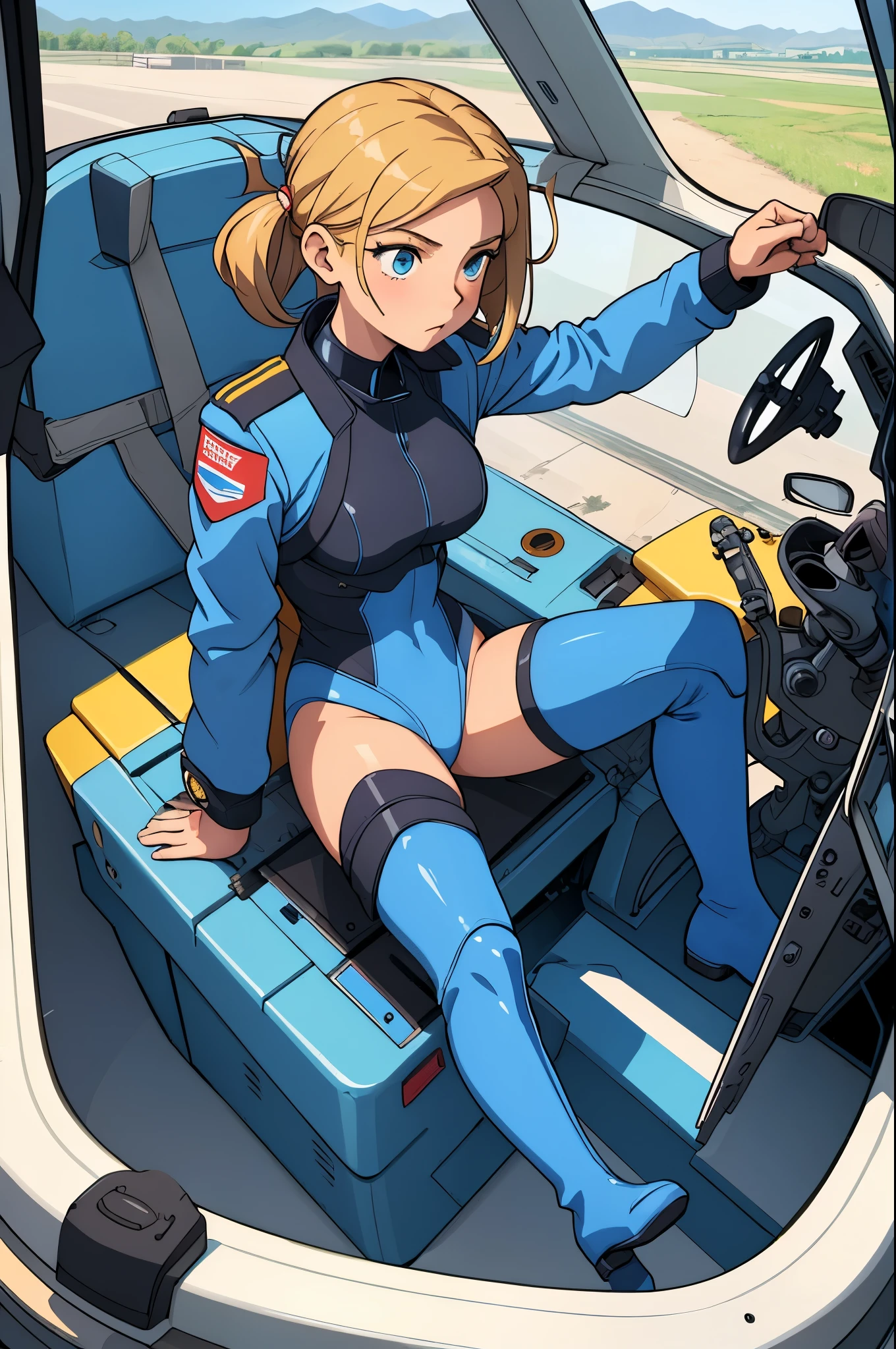 (masterpiece),( best quality), 1girl, pilot, flying helicopter, from cockpit, leotard, bare legs, knee boots, matching boots