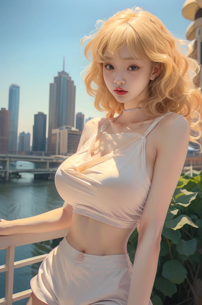 Female((20year old)), hair((blonde, long)), eyelue, big eyes)), sunset, Han river, Seoul tower, smiling, lipgloss, diamond necklace, earrings, gigantic breast, big boobs, oppai, ((velvet, 🔵, crop-top, Hotpants))