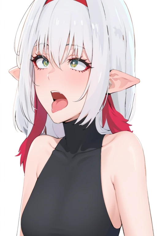 (best quality), (masterpiece), 0pen, solo,  mouth open, tongue out, looking at viewer, from above, projectile cum, facial, 1girl,, small breasts, solo,elf,white hair,grey hair,earrings,pointy ears,long hair,ponytail,green eyes,twintails,parted bangs,thick eyebrows, add text to the sound of love,