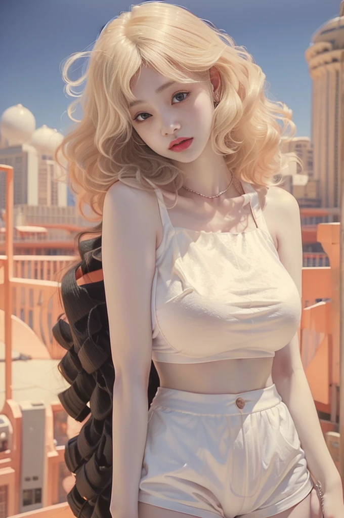 Female((20year old)), hair((blonde, long)), eyelue, big eyes)), sunset, Han river, Seoul tower, smiling, lipgloss, diamond necklace, earrings, gigantic breast, big boobs, oppai, ((velvet, 🔵, crop-top, Hotpants))
