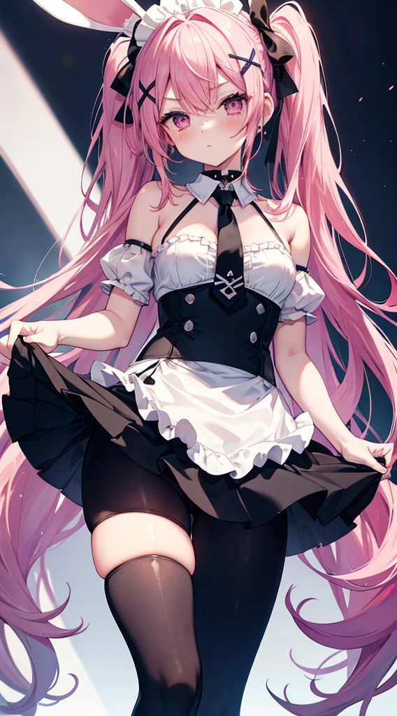Perfectly beautiful small breasts exposed、Lifting the skirt with your hands、I see underwear, very small area.、Pink hair、Lori,NSFW、Shy look,Blushing cheeks、Atmari, Long hair, Ahoge, Twin-tailed, Hair Bow, multicolored hair, Rabbit ears, NSFW maid uniform, X Hair Ornament, lowered eyebrows thick eyebrows, Choker, criss-cross halter, yellow necktie, Bare shoulders, Black Gloves, frilld, layered skirts, Black skirt, single thighhigh,Beautiful and perfect legs, Clean and perfect hands,((A narrow area of black pants with the skirt pulled up,))
