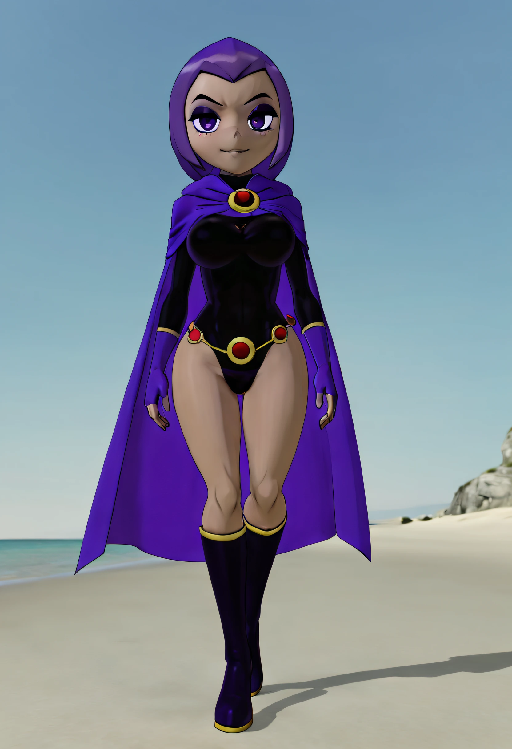 ohxw, rave12, walking on a beach, full body, cartoon, 3d, sharp, petite, cape and a purple cape