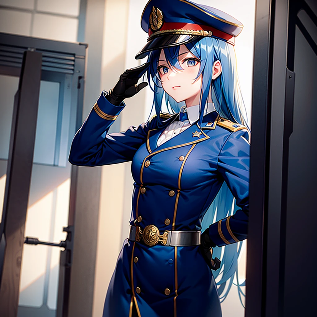 Blue hair, small breasts, military uniform, military cap, saluting while holding a machine gun