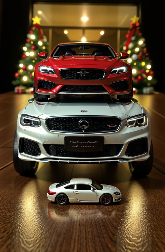 (4k resolution, high quality) A realistic toy model car as a Christmas gift. The car is highly detailed, with intricate design and craftsmanship. The colors are vivid and vibrant, giving the car a lifelike appearance. The car is made of high-quality materials, with a glossy finish that reflects light beautifully