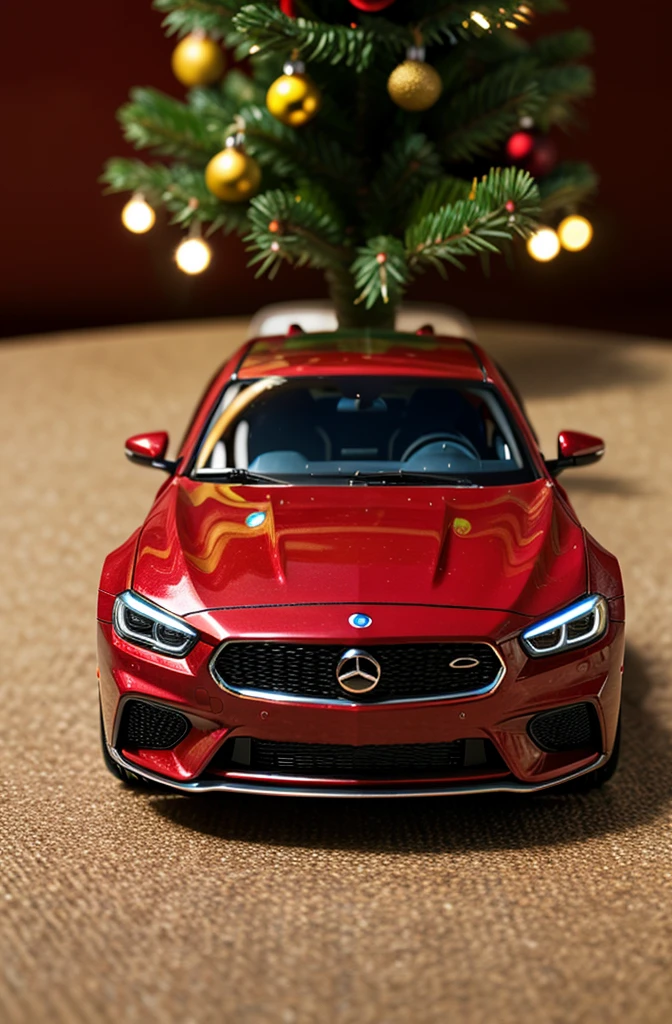 (4k resolution, high quality) A realistic toy model car as a Christmas gift. The car is highly detailed, with intricate design and craftsmanship. The colors are vivid and vibrant, giving the car a lifelike appearance. The car is made of high-quality materials, with a glossy finish that reflects light beautifully