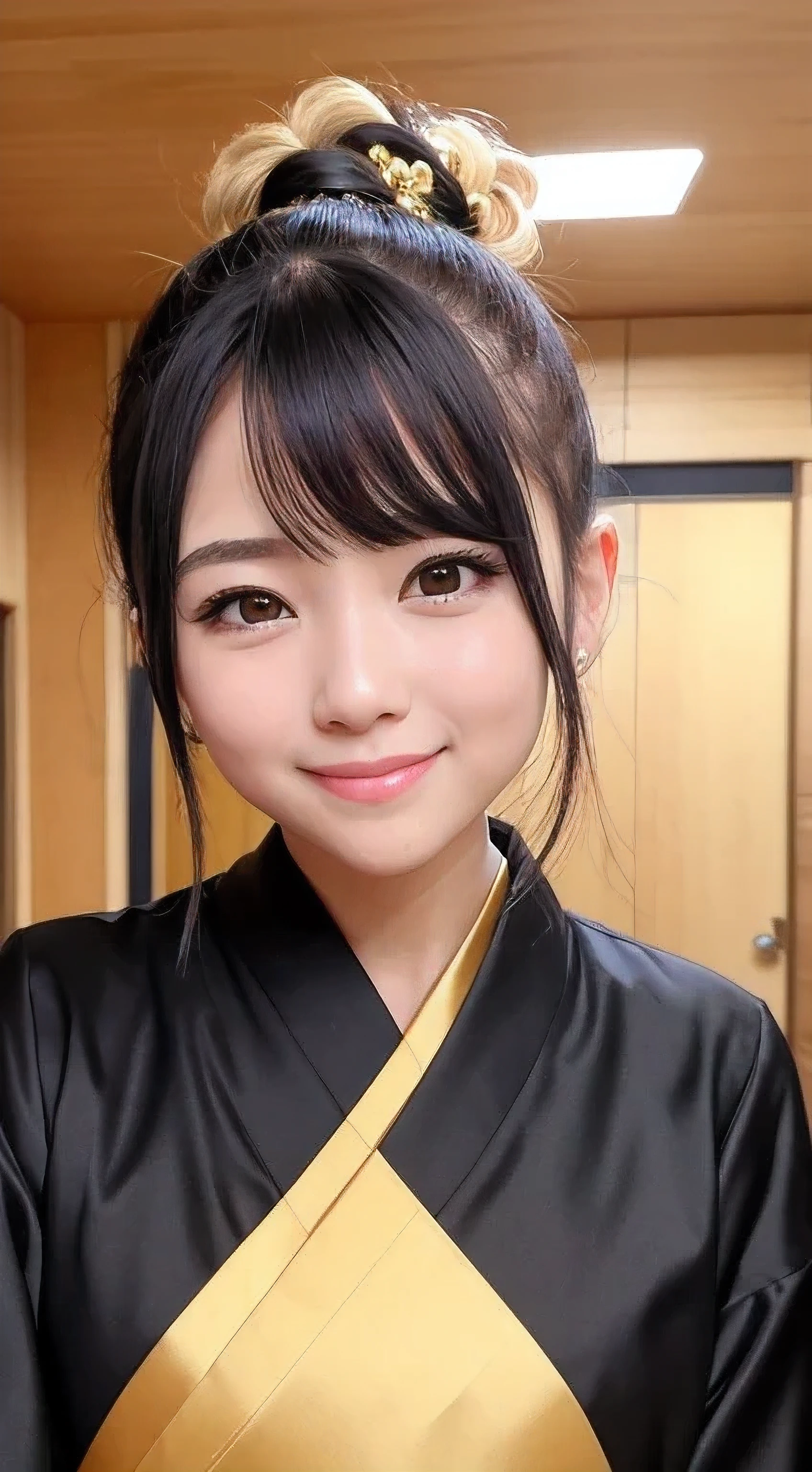 masutepiece, Best Quality, hight resolution, photoreaslistic, Detailed face, 1girl in, Upper body, Golden kanzashi hair, Ponytail hair, Black hair, Cute,Smile, shrines, shining background, Golden kimono
