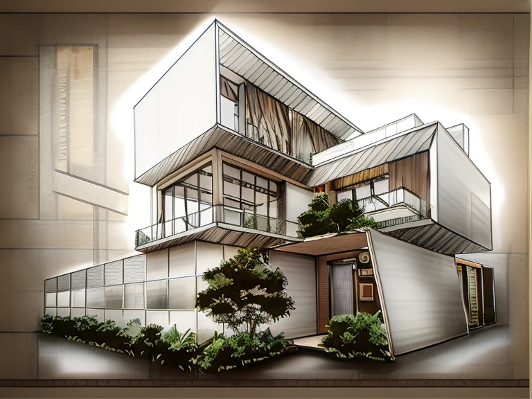 a drawing of a house with a lot of windows and a fence, architectural sketch, architectural concepts, architectural concept, architecture drawing, architecture design, architecture concept, in style of simplified realism, extreme three point perspective, modern architecture, mc escher style architecture, architectural design, three point perspective, concept drawing, 2 point perspective, architectural illustration, two point perspective