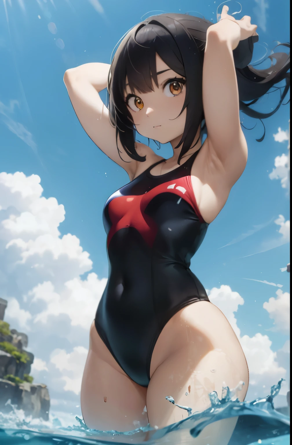Beautiful, master part, best quality, HiqcgCorpo, anime, 1girl, medium, sbikini, red swimsuit, fotos de retrato, ver visualizador, parcialmente submerso,Austral, ((cabelos prateados)),(orelhas de gato),rabo-de-cavalo,pele molhada, detalhes intrincados,>,(((coberto)