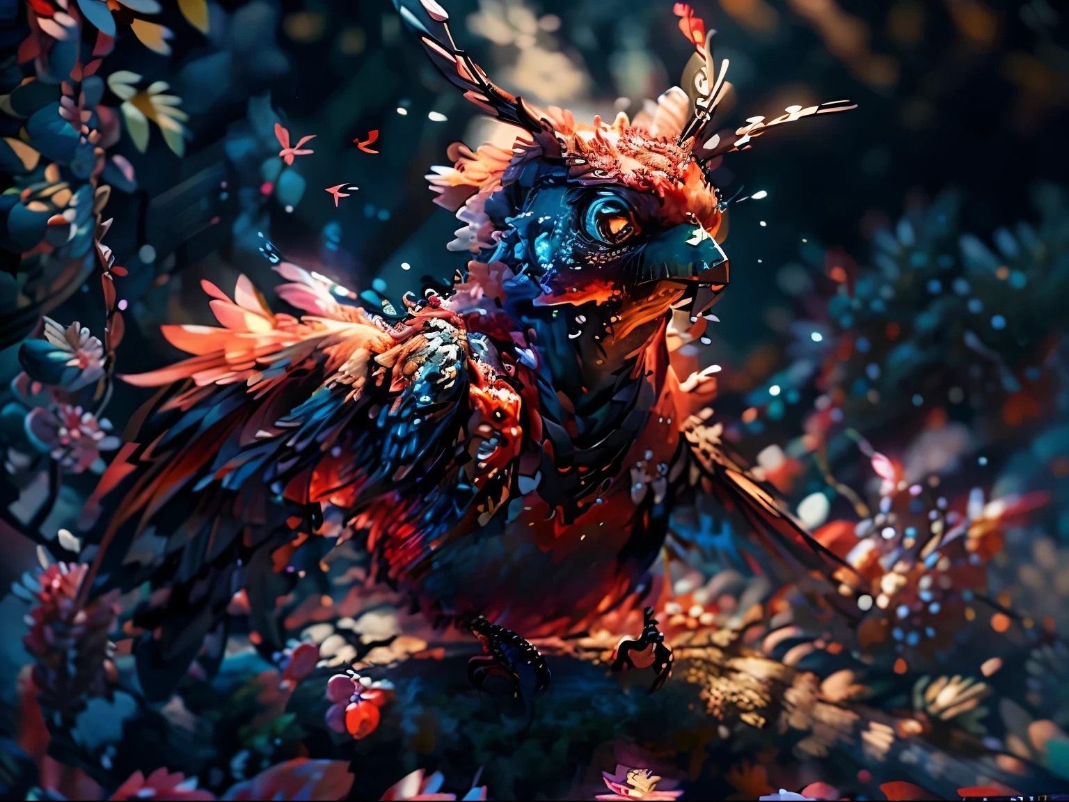 (absurderes,A high resolution,ultra - detailed)Extremely detailed Cg Unity 8K wallpaper,Ink painting style,High quality scenery,Red maple leaf,Twisted branchelapping birds,Dancing flames,Magic floating particles,Updraft,Complicated details,