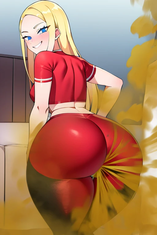 (masterpiece:1.2, best quality), (highly detailed:1.3), 1girl, 18yo girl, blond long hair, (red leggings), (white crop top), in an apartment, juicy butt, happy, smiling, looking at camera, rear view, likeable cute face, perfect even blue eyes