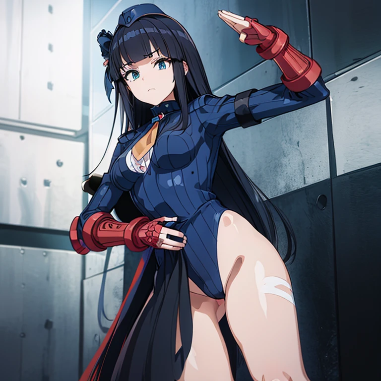 ultra-detailed, Explicit, Beautiful body, Beautiful Nose, Beautiful character design, perfect eyes, perfect face, ultra highres, 4K, beautiful legs, perfect legs, Nice hands, Perfect hand, Masterpiece, Best Quality, Highly detailed, illustration, absurdres, street fighter, doll suit, shadaloo doll, dollsuit, expressionless, blank eyes, looking at viewer, red gloves, emotionless, black latex, corrution, mind control, female combatant, full body, hypnotized, unhappy trance, full body suit, ribbed bodysuit, both arms at side, obey, perfect female body, extremely glossy latex, hypnosis, hypnoLora, empty eyes, Mind control device, poses, submissive_pose, Slave, hat, necktie, stand up straight, standing, standing at attention, hat, necktie, belt, latex, ribbed bodysuit, thighhighs, garter belt, Fighting Stance, extending the right arm from the shoulder into the air with a straightened hand, nazi saluting, military, military saluting, salute, thigh boots, 1girl, Myojin Oka, Shikizakura, lue hairband, blue eyes, black hair, long hair, blue dress, brooch