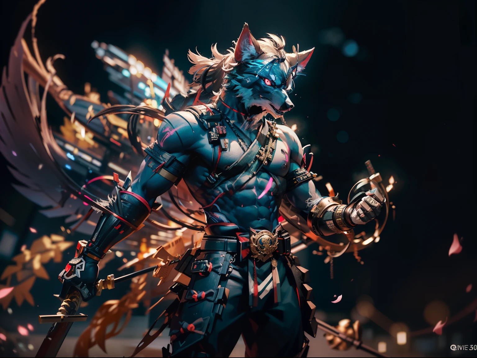 A muscular wolf samurai from a cyberpunk film stands poised, drawing a hyper-realistic Japanese sword from his waist. He dons pristine white armor, reflecting the neon lights of the city. The aura of killing intent radiates from his back, casting an ominous shadow. Medium: Photo hyper-realism. Style: Cyberpunk meets traditional Japanese art. Lighting: Neon lights with a sharp contrast against the dark backdrop. Colors: Dominant black with hints of neon and metallic white. Composition: Shot with a Canon EOS 5D Mark IV DSLR camera, EF 50mm f/1.8 STM lens, Resolution 30.4 megapixels, ISO sensitivity: 32,000, Shutter speed 1/125 second, facing the camera, high-sharpness, depth-of-field, ultra-detailed photography --ar 16:9 --v 5.1 --style raw --q 2 --s 750.