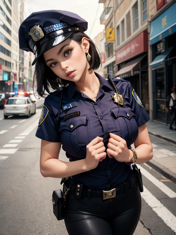 Background Story (with sexy female police uniform and police cap: 1.4), good hand, 4k, high resolution, master part, best quality, Head: 1.3, ((Fotografia Hasselblad)), japonesa, cabelo longos, pele finamente detalhada, Clear focus, (cinememic lighting), soft lighting, Dynamic angle, [:(Rosto detalhado: 1.2):0.2], olhar de barriga, huge seios, seios grandes, (seios nus:1.4), 1girl, jewelries, Brincos, laranja_heaven, sozinho, toupeira, Longas_Hair,   toupeira_debaixo_olho, superior_corpo, cinza_olhos, Olhando_em_visualizador, black Hair, moda (Head tilt: 1.4), na rua cheio de carro