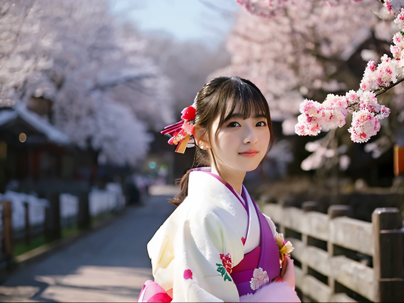 Scenery of the shrine、New Year、initial、1 moon、In the crowd、Cold days,There's a little snow left、Top resolution 、superlative degree、A Japanese style、Vivid、colourfull、hiquality、jpn、colourfullなKimono、Kimono、Sunny Clothes、ear ornament、(wearing a white fur muffler)、Unclear、(blurry backround:1.1)