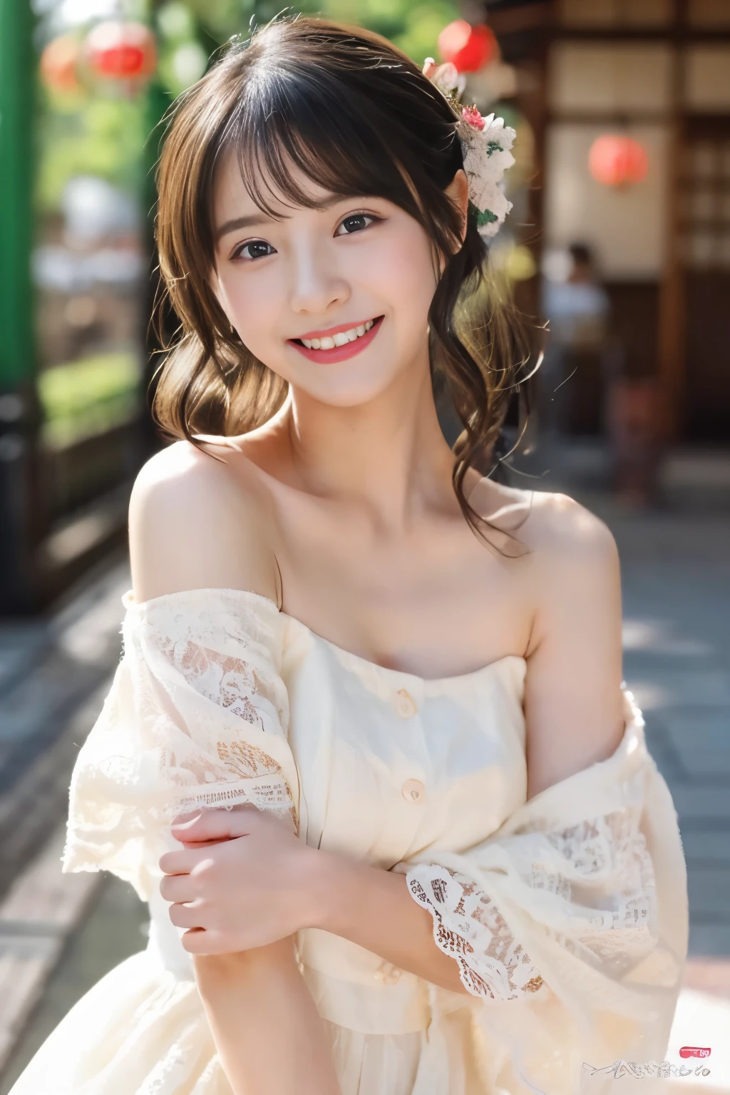 ((masterpiece))), (Two beautiful Japan girls, classmates, Innocence,kawaii,kawaii髪型、A dark-haired :1.4)) ,超hight resolution, Realistic, ultra-detailliert, 8K,top-quality, Extremely detailed, Detailed background,A slender,very beautiful japanese girl, Detailed face:1.3), , (a baby face,kawaii系,adorable girl),(Best Quality,Photorealistic,hight resolution),Beautiful detailed eyes,Beautiful detailed lips,Smiling,Laughing,kawaii系,having fun,Joyful,excited,clew,cosy atmosphere,magical moments,,Memories that make you happy,cherish sisterhood,love and laughter、Beautiful off shoulder clavicle,White Lace Dress,A smile that makes you want to hug,Perfect hands without discomfort,Precise feet without discomfort,short-cut,poneyTail,Kissing、Lori