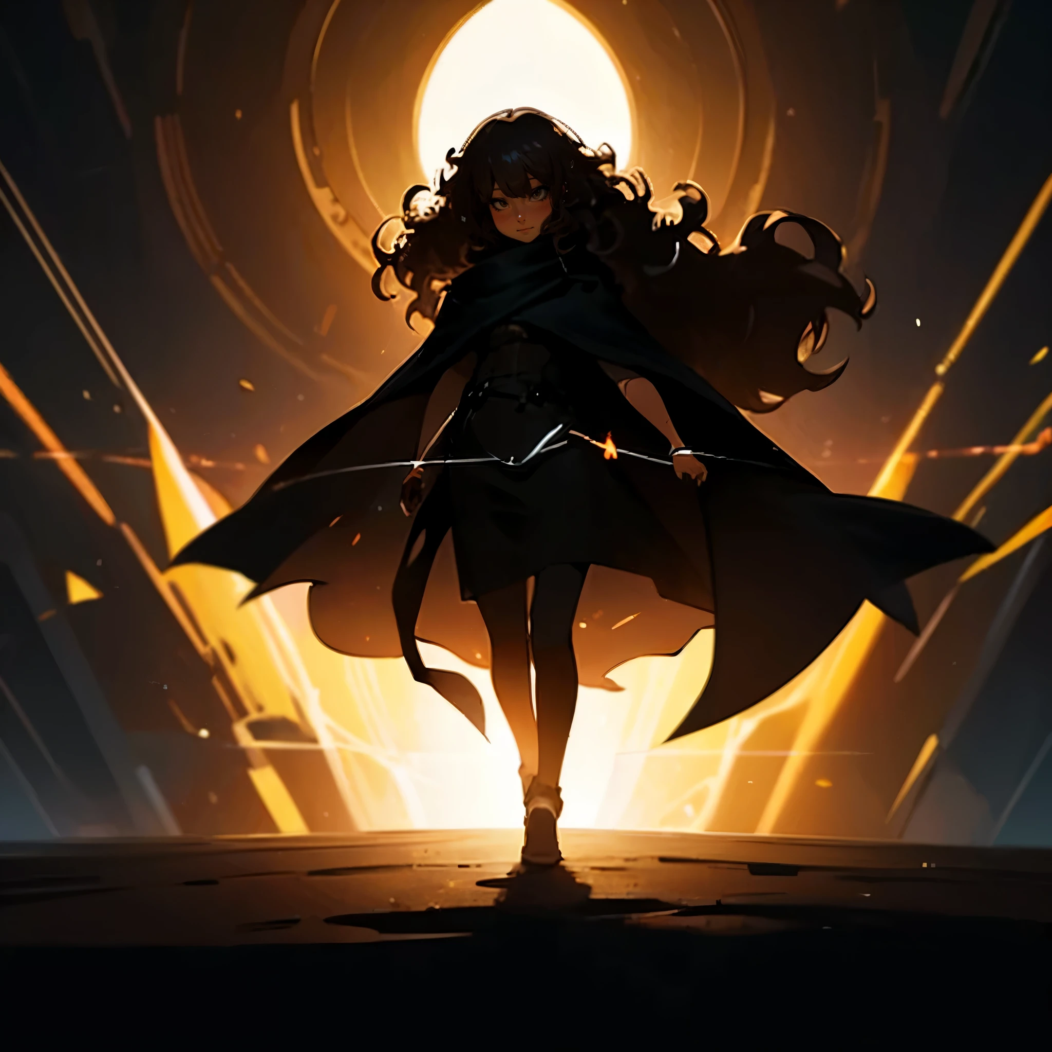 A girl with curly hair, brown skin color, silhouette, in the middle of darkness, portal, light effects, With a long, black cloak,, serenity face