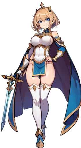 (((Best Quality))) , ((full body)), female, reference sheet, solo, (white background), holding staff or sword, gauntlets, thigh high, loin cloth only, detached cape, armor, bare shoulders,