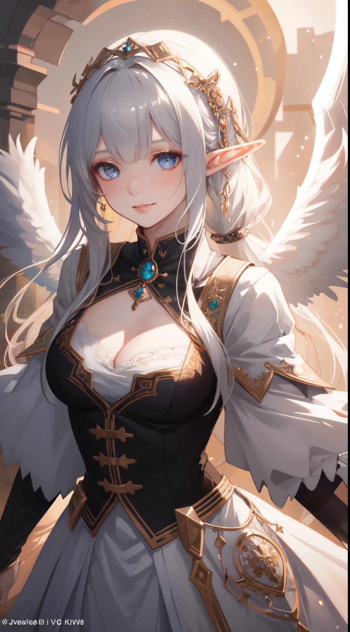 ((masterpiece, best quality)), official art, unity 8k wallpaper, ultra detailed, Rusticcore, contest winner, pixiv, Disgusting a white haired elf woman with wings and jewels on her head and chest, wearing a white dress with silver wings and a silver collar, (Charlie Bowater:0.158) , (Yoshitaka Amano:0.073) , (a character portrait:0.265) , (whiteglovefantasy art:0.457) and Light particle, extremely beautiful, Analytical Art, 8K, best quality, DayGlo orange dust particles, dslr, anaglyph effect, BREAK, highly detailed of (elf), (1girl), solo, perfect face, details eye, ponytail, Blunt bangs, (hair between eye), blue eyes, fantasy art by Artgerm, by Kawacy, by Wadim kashin, BREAK, eyelashes, eyeshadow, pink eyeshadow, light smile, medium breast, BREAK, extremely detailed, dynamic angle,