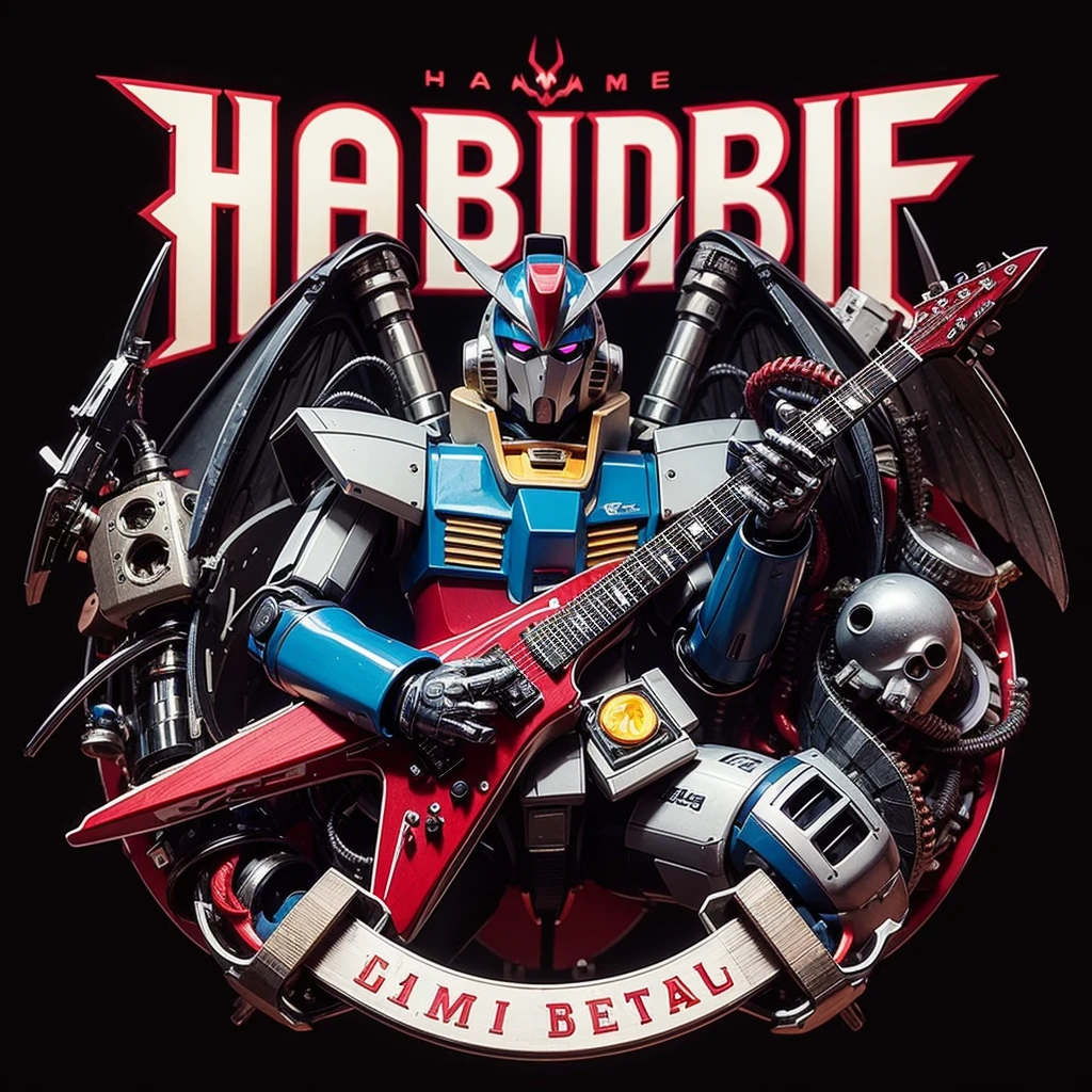 logo name (HABIBIE) font robot metal,gundam wearing jacket and shoes,playing guitar,baphomet,3D,full colors,background black