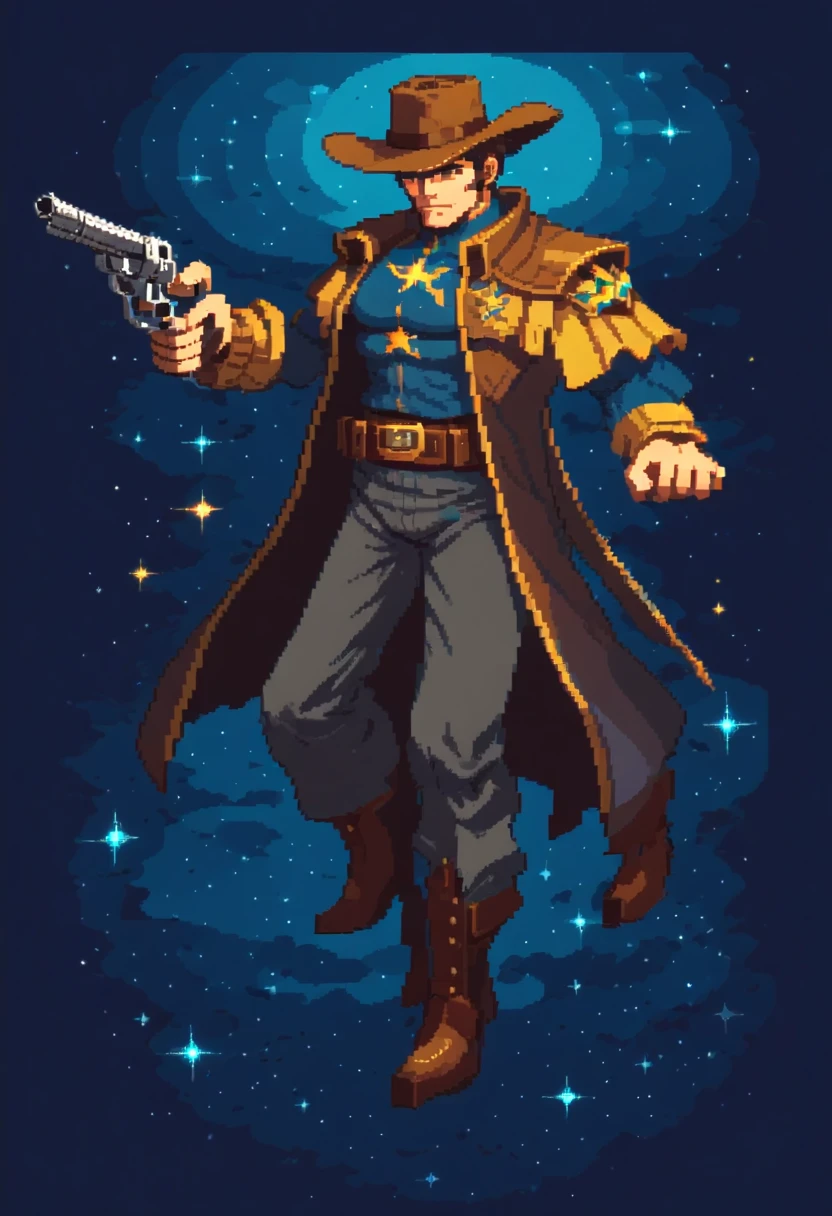 Fighting game Pixel art space Western Cowboy cosmic like character, cosmic gunslinger, holding a revolver, fighting game pixel art cowboy facing to the right