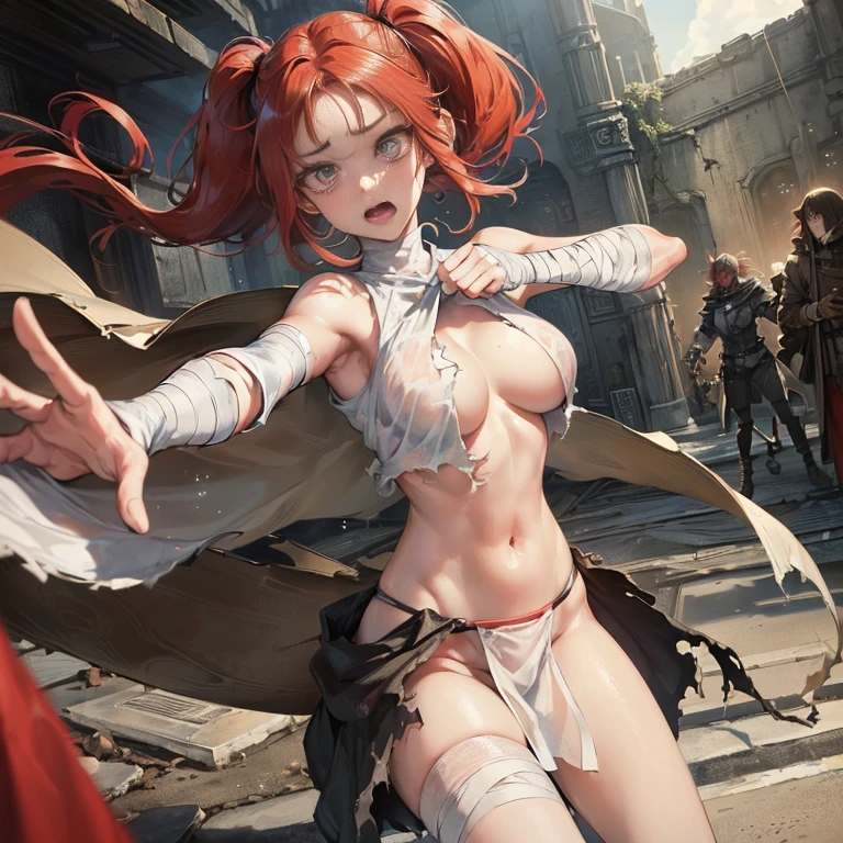 (Perspective),(Low Angle),((Comics)),(Masterpiece))), (((Best Quality))),((((Bare loincloth lifted up)))),((Ultra-detailed)), (highly detailed CG illustration), ((extremely delicate and beautiful face))),(masked), cinematic light, absurd clothing, (((girls in battle stanceull-length)), (masterpiece:1.2), ((Best quality:1.3), ((Multi-character combat))),(CHARACTERS OF THE POST-APOCALYPTIC WASTELAND WORLD)))), (CHARACTERS WANDERERS-RAIDERS)))), ((Mad Max's concept))))), (beautiful face)), ( beautiful anime eyes of characters))) , ( high-quality anime eyes of characters), (((( high-quality anime pupileautiful anime pupileautiful shape of anime eyeeautiful shape of anime pupils)), (( all faces with anime eyes)), ( anime eyes of characters))))) ,( without panties)))), wet skin, water, ((( very fighting pose))), (( very torn clothes))), atmosphere post-apocalyptic world, (((pulling on clotheare torn clothes))))), ((eyebrows)))), ((mouth ajar))), ( characters), ((character with red hair))), (open mouth screaming))), (angle from the ground to))), (naked)))), (pose jumps and runs)))) , (art in dynamics)))), (chase at high speed)))), (perspective from bottom to top))), ((big breasts)), (anatomy in perspective)))), (jumps))), ((naked)))), (not naked)))), ( bare chest is larger than the joint))), (( very red blush on the cheekackground in the store of loincloth white bandages)), ((very embarrassed and red faces of girls)))), ((jumps)), ((naked shameful bandages)))), ((((absolutely without panties))))
