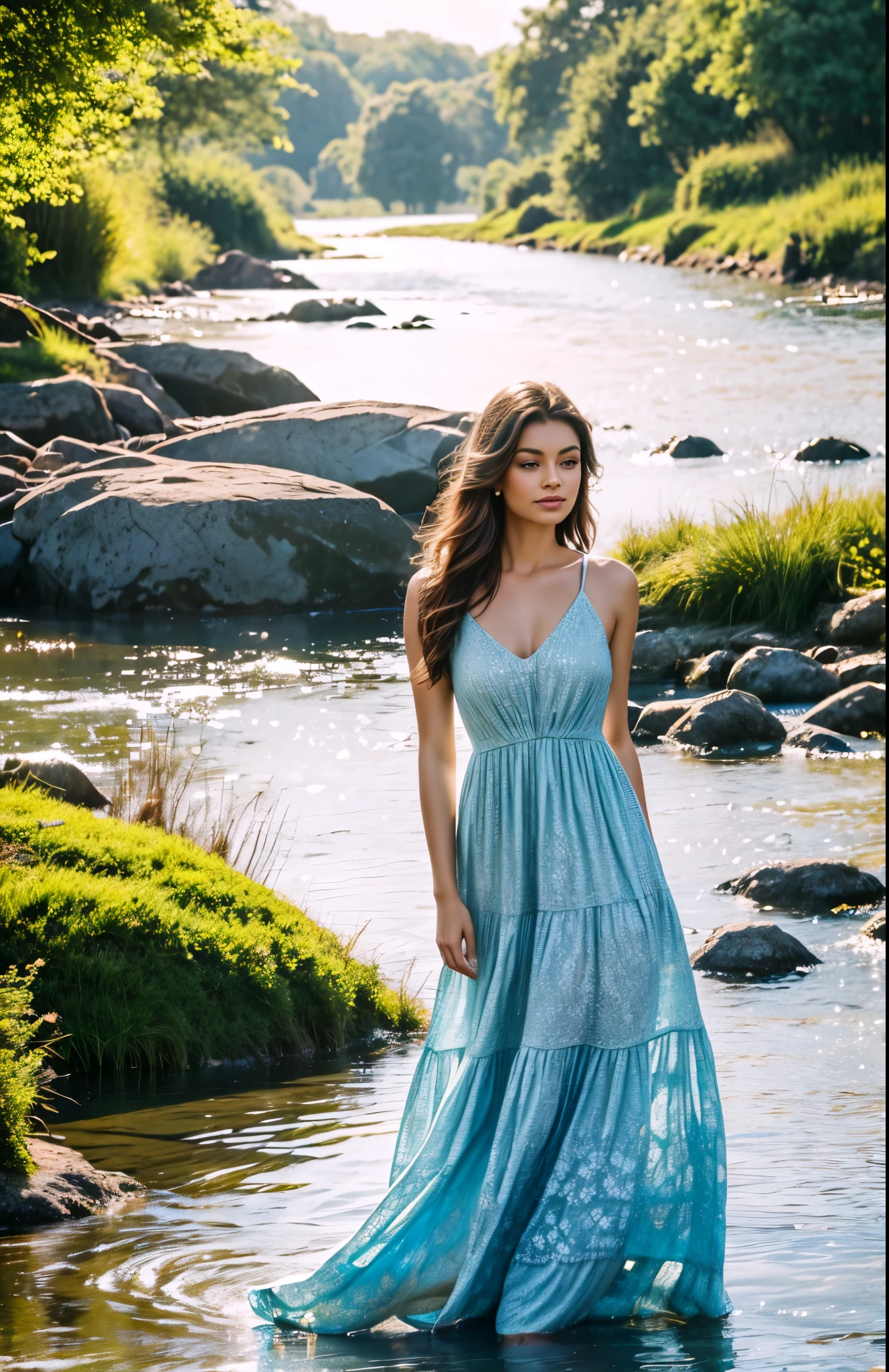 Capture the enchanting image of a beautiful lady, her charm enhanced by a floral dress, standing beside a serene river. The image should highlight the vibrant colors of her dress, contrasting with the tranquil blues of the river. Use a high-quality medium like a mirrorless camera to capture the details, such as the pattern of the dress and the calm flow of the water. The lighting should be natural, perhaps during the golden hour, to add a warm glow to the scene. The overall composition should evoke a sense of peace and natural elegance