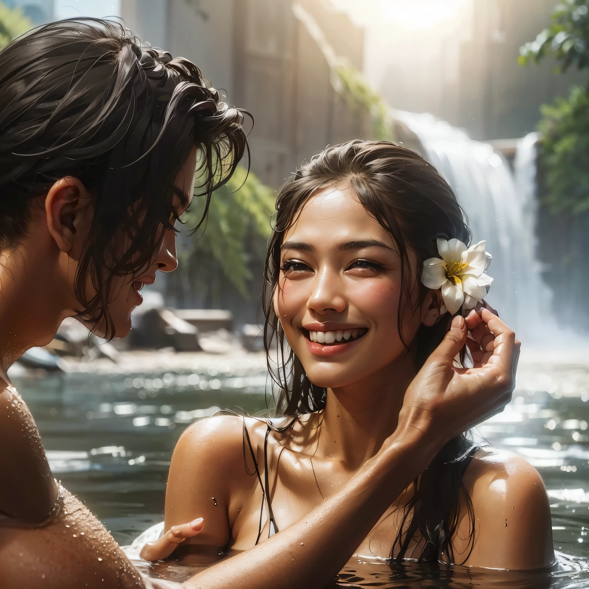 there a beautifull lady (right) with large breast and handsome muscular man from side (left) in the water with a waterfall behind them, bathing in a waterfall, stream of love and happiness, roberto ferri and ruan jia, smiling couple, with waterfalls, with a waterfalls, by Tadashi Nakayama, hyperrealist portrait in a river, 4 k / 8 k, 4k/8k, by Galen Dara, masterpiece, best quality:1.2),,(8k,highres,RAW photo,realistic,photo-realistic:1.3),(detailed skin texture,detailed cloth texture,beautiful detailed face:1.25),professional lighting,photon mapping,beautiful soft light,radiosity,physically-based rendering,raytracing, model shoot style, model shoot style, (extremely detailed CG unity 8k wallpaper), full shot body photo of the most beautiful artwork in the world