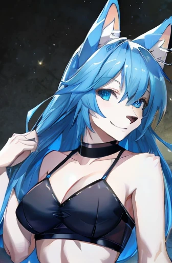 sexy female, short light blue hair, wolf ears, wolf tail, blue eyes
