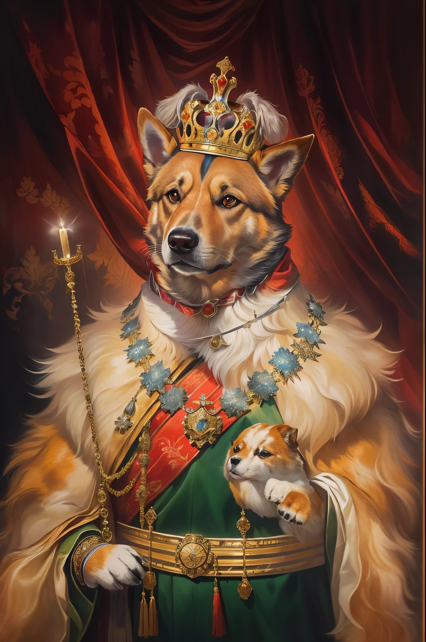 painting of a dog, dressed in royal royal royal royal royal royal royal royal royal royal royal royal royal royal royal, majesty in noble clothes, Royal Portrait, doge, doge meme, Akira's royal robe, Imperial Portrait, dog in a crown, The Dog as God, A worthy aristocrat, Regal pose
