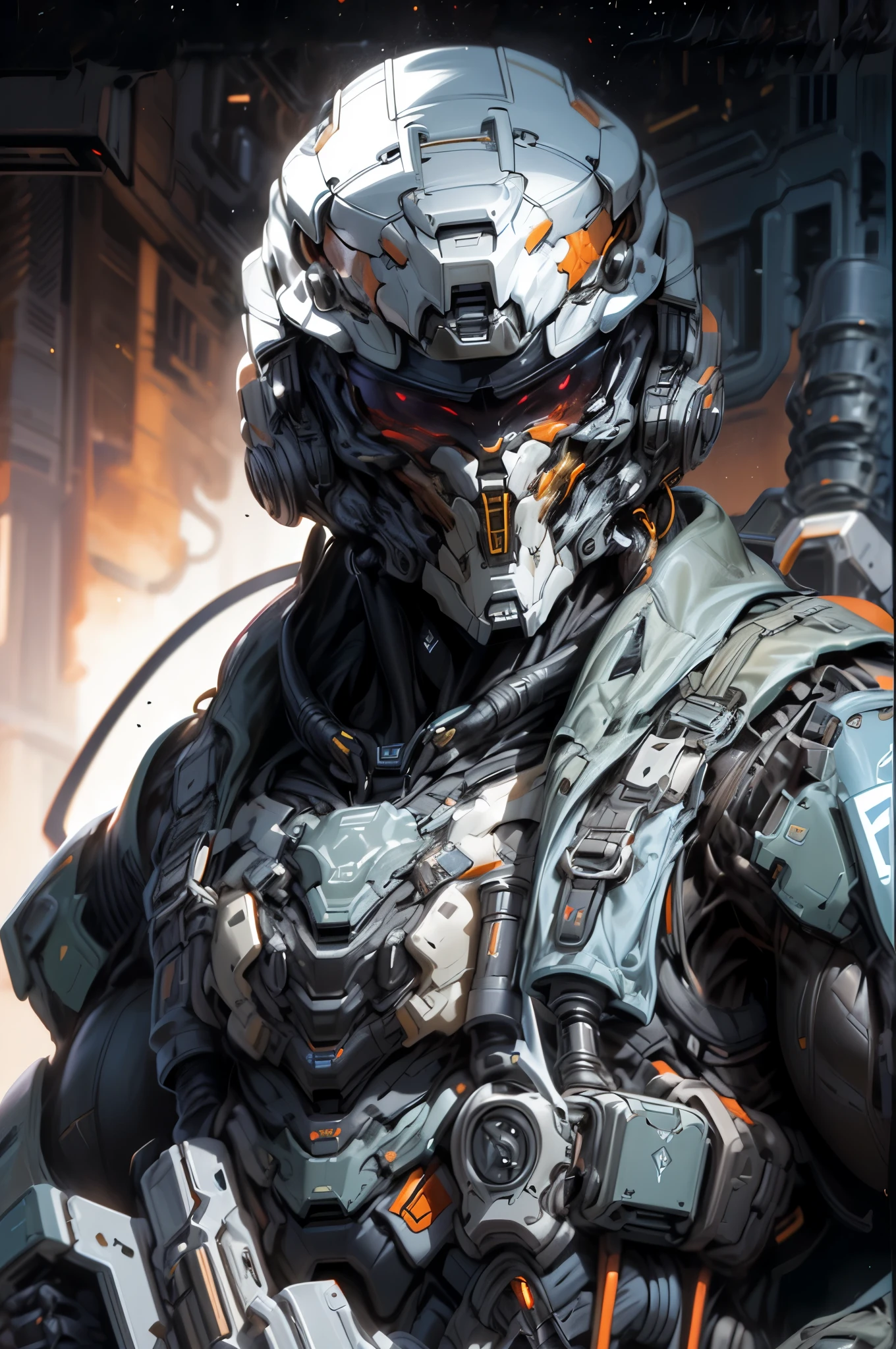 (((An epic and visually stunning digital anime masterpiece featuring a sylphlike masculine ((male:1.5)) decorated military dieselpunk cyborg soldier clad in a sleek yet tactical armored yet decorated leather military trench coat:1.2))), (((flat masculine male chest:1.5, mechanical full head helmet, mecha helmet with narrow orange eyes:1.5))), (((the character adorned in a (scifi tactical armored open front trench coat with a built in exoskeleton:1.5) (over a form fitted armor plated yet super sleek and revealing under suit with waist cut outs:1.3), the armor is beautifully engraved:1.4))), The image showcases the intricacies of the character’s armor and clothing:1.5, ((capturing their flamboyant essence and heavy mecha aesthetic:1.2)). The character also possesses an androgynous charm, (((with slim yet heavily muscled physique:1.2, sylphlike with a sleek waist, toned yet beautifully sleek cybernetic arms:1.3, mechanical arms and legs:1.3, mecha muscles:1.3))), looking at viewer, (((brass metal armor and brown leather, dieselpunk:1.3))), (((depth of field, cinematic lighting, chromatic aberration, ray tracing, UHD, masterpiece, top of head covered, super detail, high details, high quality, award winning, 8k, highres)))