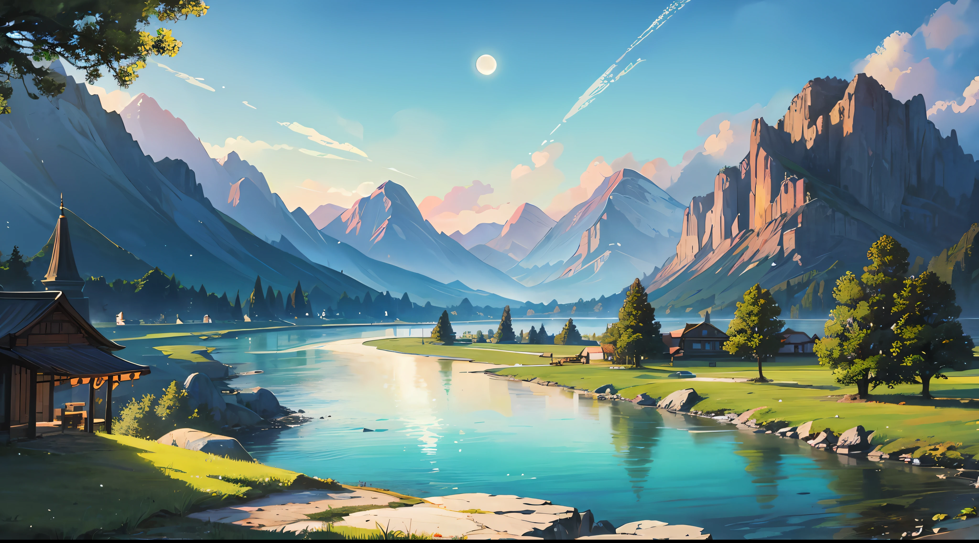 A beautiful landscape painting,Towering mountains,Sparkling river,The bright moon hangs high in the sky,tmasterpiece。 --auto