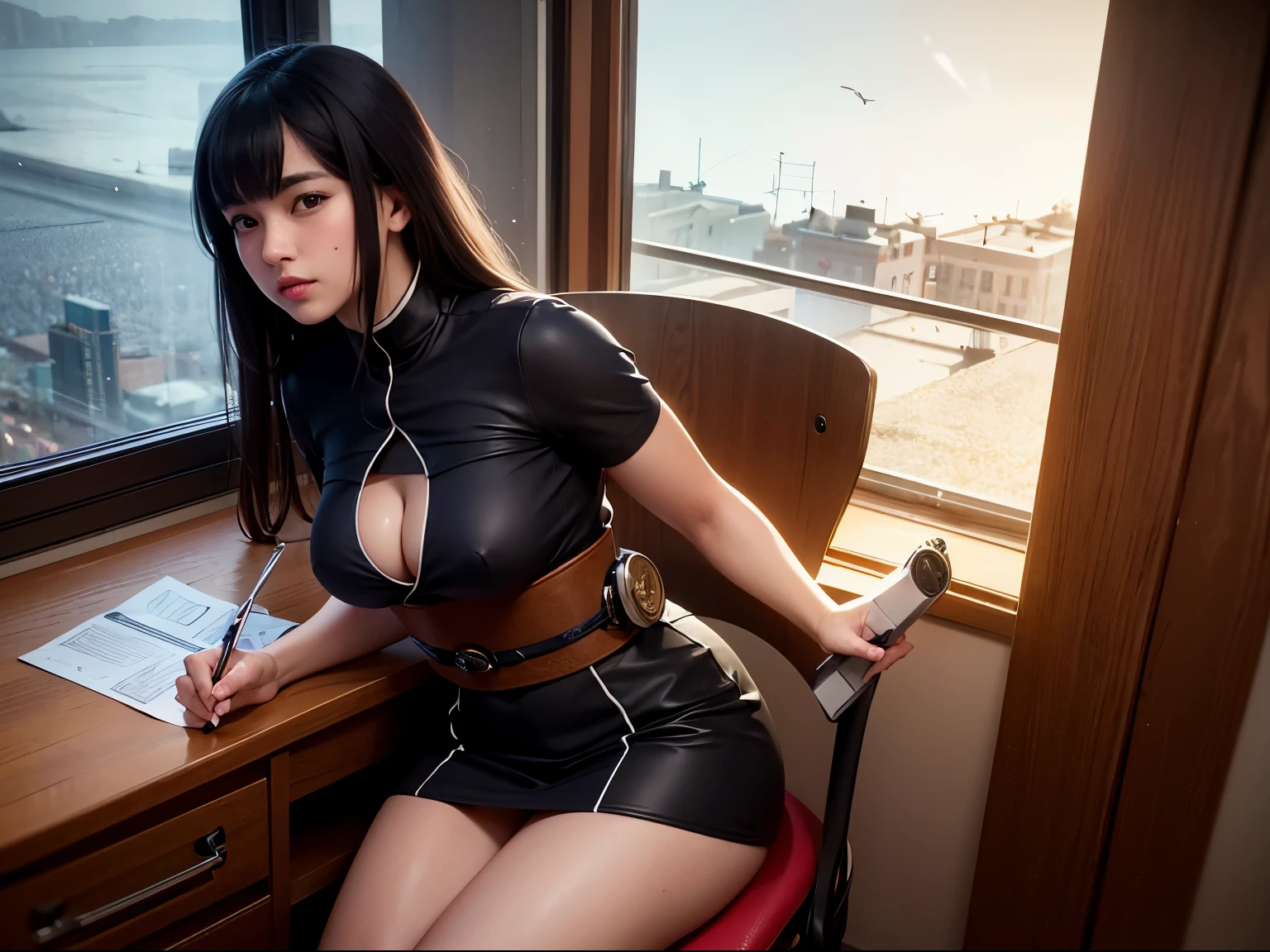 Mark Buckingham, Nicholas Roerich, Surreal, mysterious, strange, fantastical, fantasy, Sci-fi, Japanese anime, study space, desk and stationery, writing miniskirt beautiful girl, perfect voluminous body, detailed masterpiece perspectives cinematic lighting sharp focus