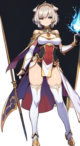 (((Best Quality))) , ((full body)), female, reference sheet, solo, (white background), holding staff, gauntlets, thigh high, pelvic curtain, capelet, armor, bare shoulders, bare legs,