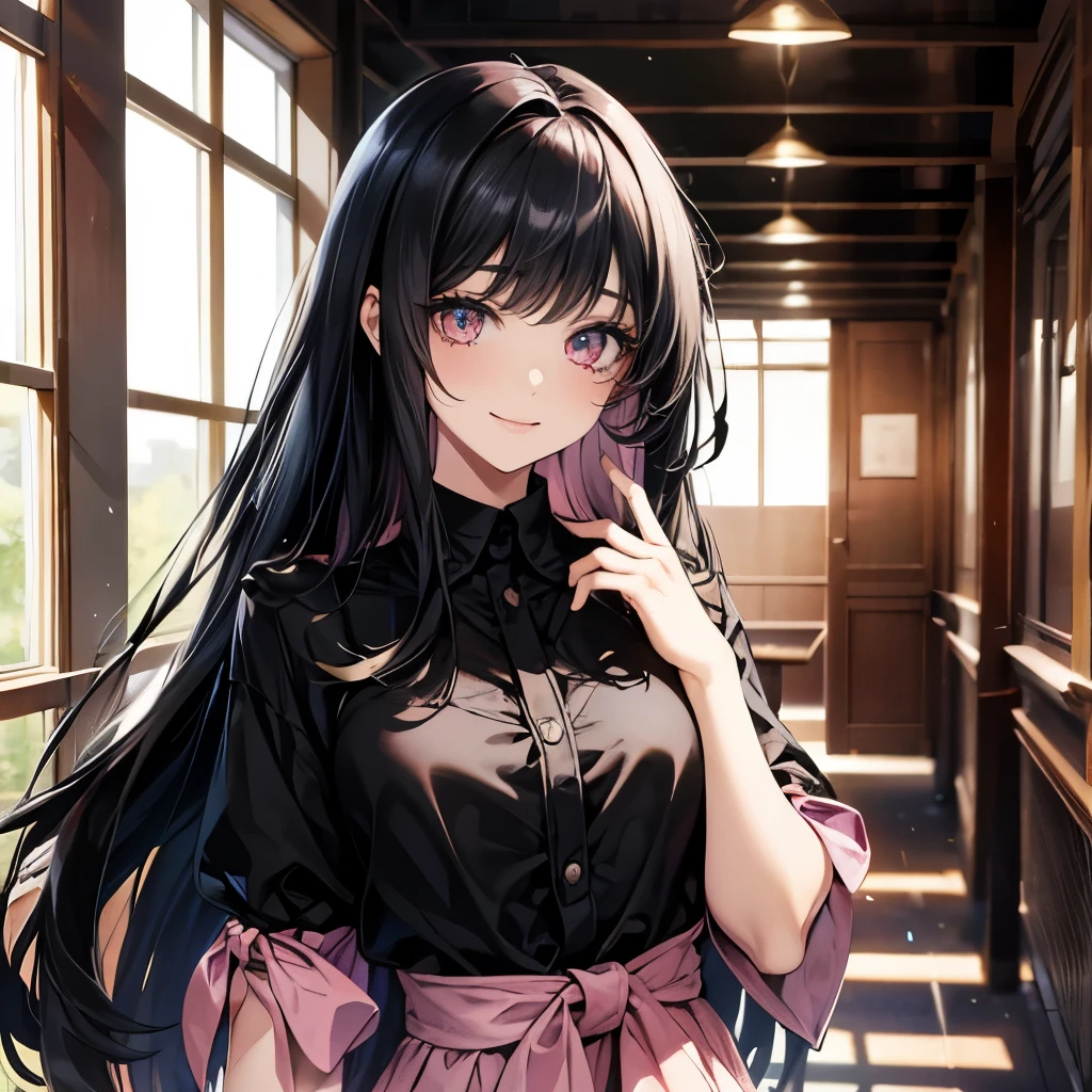 A pretty beautiful lady, pink eyes and long hime haircut black hair, long hair, looking at you flirtly and smugly smile, school hallway, black blouse, a human, modern era, upper body.