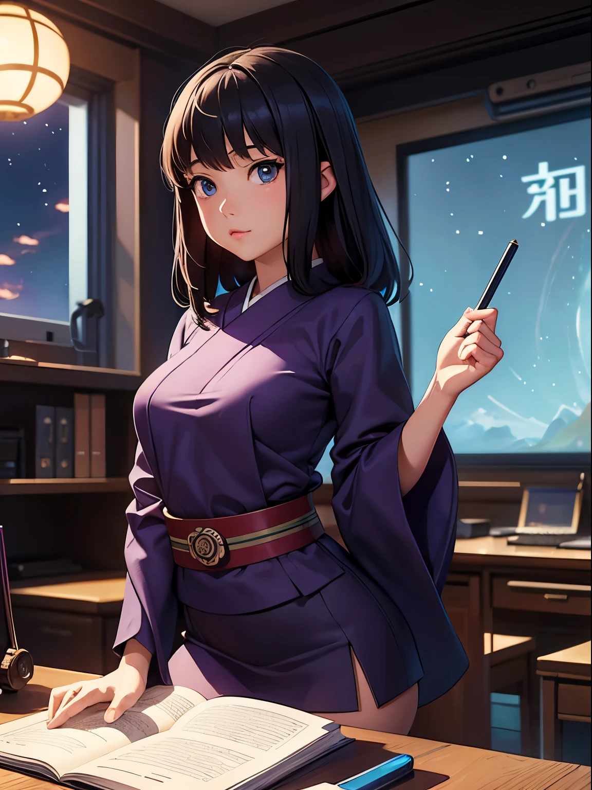 Mark Buckingham, Nicholas Roerich, Surreal, mysterious, strange, fantastical, fantasy, Sci-fi, Japanese anime, study space, desk and stationery, writing miniskirt beautiful girl, perfect voluminous body, detailed masterpiece perspectives cinematic lighting sharp focus