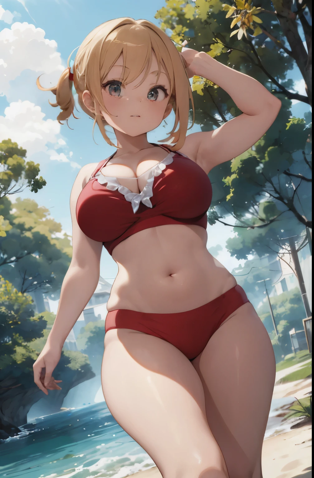 Beautiful, master part, best quality, HiqcgCorpo, anime, 1girl, medium, sbikini, red swimsuit, fotos de retrato, ver visualizador, parcialmente submerso,Austral, ((cabelos prateados)),(orelhas de gato),rabo-de-cavalo,pele molhada, detalhes intrincados,>,(((coberto)