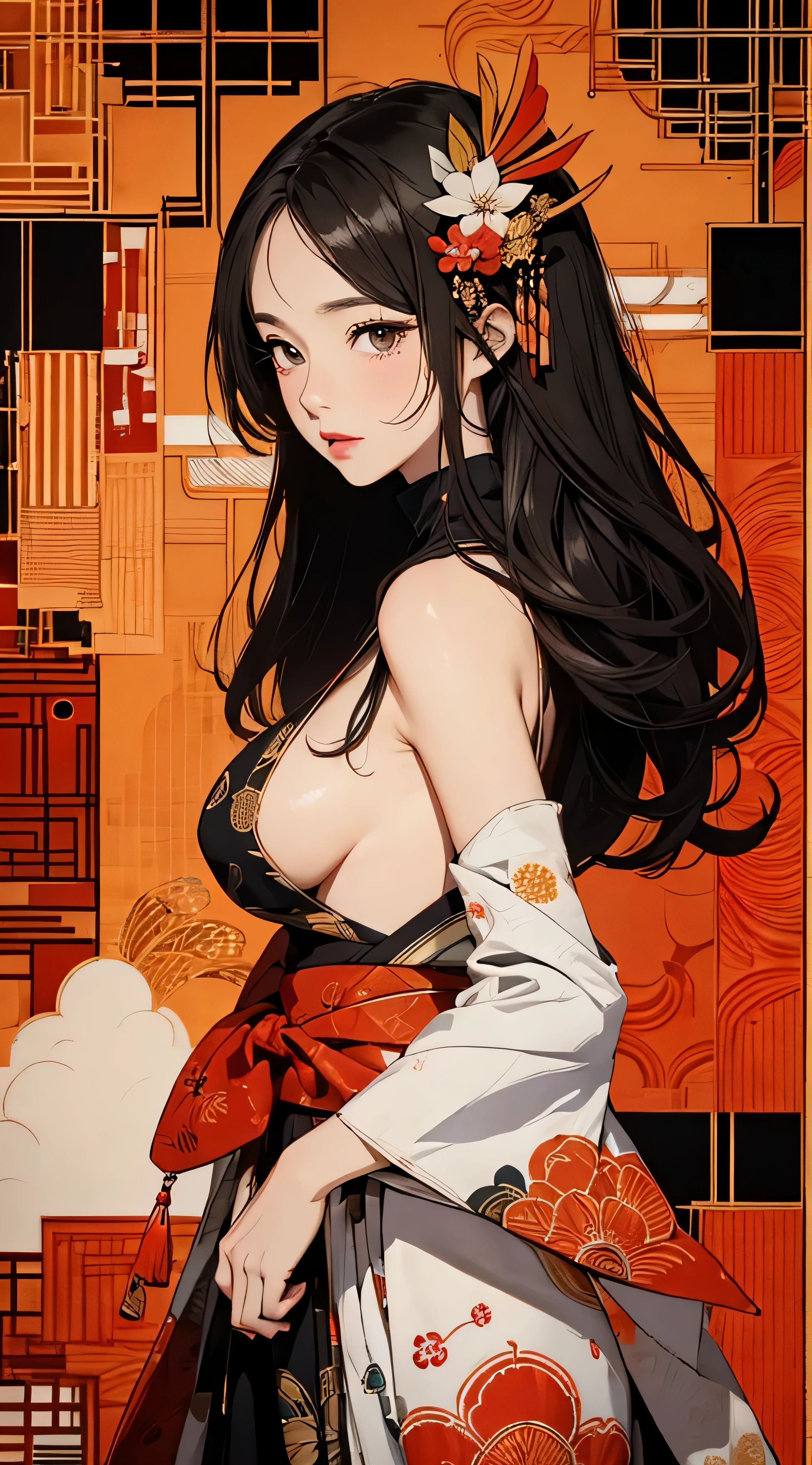 ((8k wallpaper of extremely detailed CG unit, masterpiece, hight resolution, top-quality, top-qualityのリアルテクスチャスキン)), (very beautiful and attractive woman, Plump lips, The upper part of the body, Hands in pockets:1.5, Wear a Japanese-patterned haori over a turtleneck:1.2), (A dark-haired, hair messy, de pele branca, small tit), (((Colorful background with geometric patterns, Japanese pattern background, warm color))), (hyper realisitic, digitial painting),