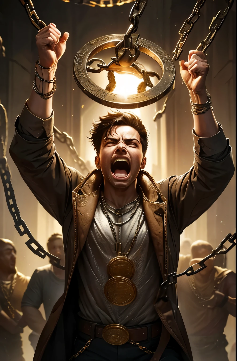A man breaking free from chains made of coins, symbolizing liberation from debt and financial constraints after much struggle and screaming