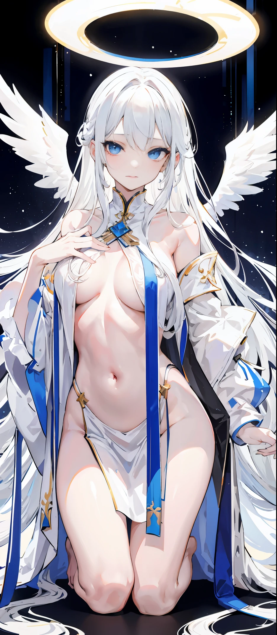 light skin color, white hair color long hair, Bigchest, 1:70,Kneeling,facing at the camera,Kneeling,No clothes,slim,,Clothes are less sexy,the shy,White wings, Angelic趴着, Overhead halo, yellow-eyed, A sexy pose, Angelic, Angelic标记,hyper HD, White hair, eBlue eyes.
