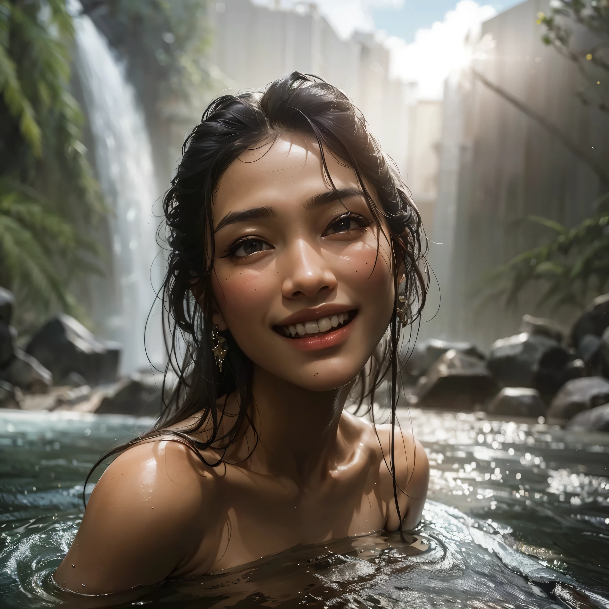 there a beautifull lady with large breast in the water with a waterfall behind them, bathing in a waterfall, stream of love and happiness, roberto ferri and ruan jia, smiling couple, with waterfalls, with a waterfalls, by Tadashi Nakayama, hyperrealist portrait in a river, 4 k / 8 k, 4k/8k, by Galen Dara, masterpiece, best quality:1.2),,(8k,highres,RAW photo,realistic,photo-realistic:1.3),(detailed skin texture,detailed cloth texture,beautiful detailed face:1.25),professional lighting,photon mapping,beautiful soft light,radiosity,physically-based rendering,raytracing, model shoot style, model shoot style, (extremely detailed CG unity 8k wallpaper), full shot body photo of the most beautiful artwork in the world