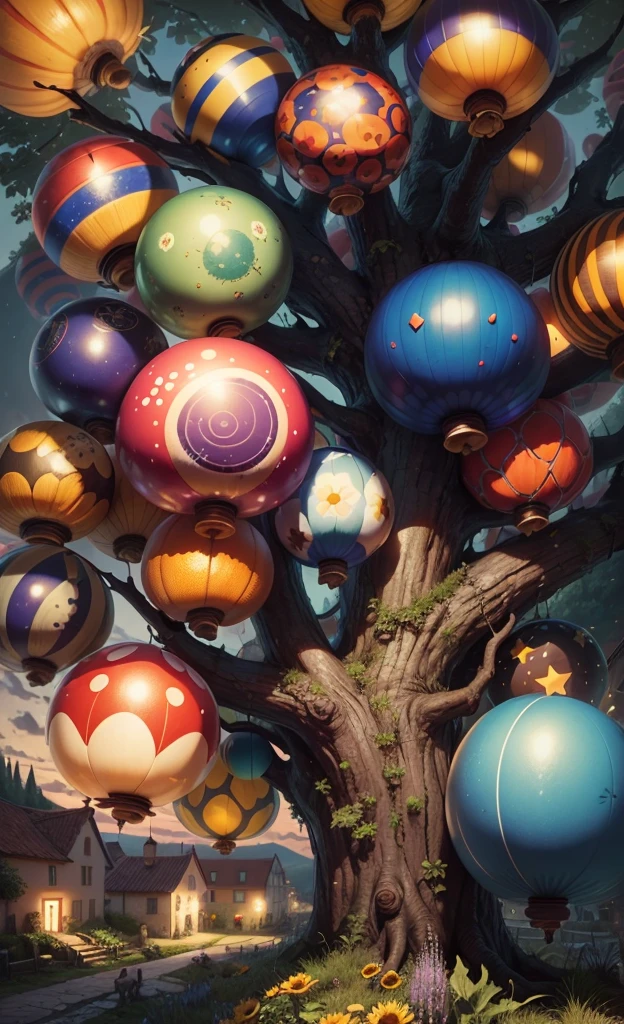 Light up the colorful mushroom forest,world in a bottle,A fairyland-like hideaway,Colorful mushroom house,a fairy world,夏天,Seafront,Rios,tree house,sunflower fieldantastical creature,lavender,balloons,mountain ranges,mountain peak tree,a small medieval village, Italy, are present, medieval town, medieval village, FantasyItaly, quaint village, Italy杰作, medieval coastal village, medieval town landscape、Cobblestone road、View from the street、Behold
