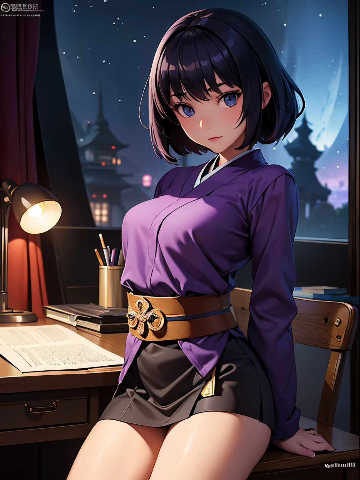 Mark Buckingham, Nicholas Roerich, Surreal, mysterious, strange, fantastical, fantasy, Sci-fi, Japanese anime, study space, desk and stationery, writing miniskirt beautiful girl, perfect voluminous body, detailed masterpiece perspectives cinematic lighting sharp focus