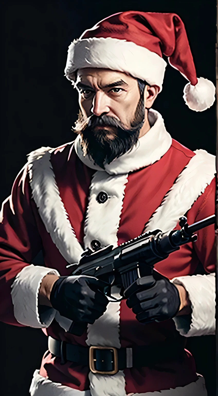 um Papai Noel com armas pesadas no estilo de jogo Call of Duty