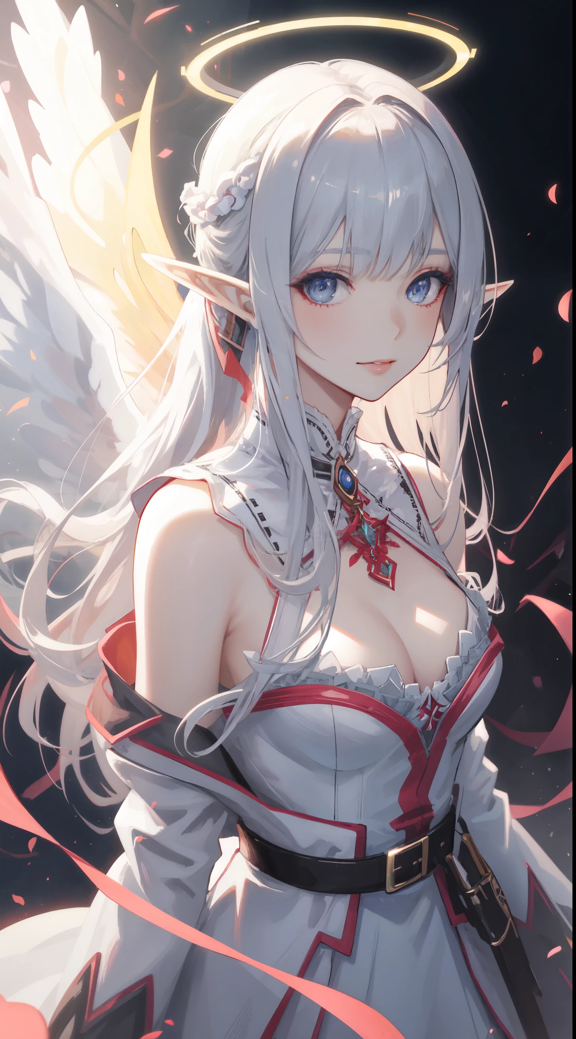 ((masterpiece, best quality)), official art, unity 8k wallpaper, ultra detailed, Rusticcore, contest winner, pixiv, Disgusting a white haired elf woman with wings and jewels on her head and chest, wearing a white dress with silver wings and a silver collar, (Charlie Bowater:0.158) , (Yoshitaka Amano:0.073) , (a character portrait:0.265) , (whiteglovefantasy art:0.457) and Light particle, extremely beautiful, Analytical Art, 8K, best quality, DayGlo orange dust particles, dslr, anaglyph effect, BREAK, highly detailed of (elf), (1girl), solo, perfect face, details eye, ponytail, Blunt bangs, (hair between eye), blue eyes, fantasy art by Artgerm, by Kawacy, by Wadim kashin, BREAK, eyelashes, eyeshadow, pink eyeshadow, light smile, medium breast, BREAK, extremely detailed, dynamic angle, ((halo, as a crown))