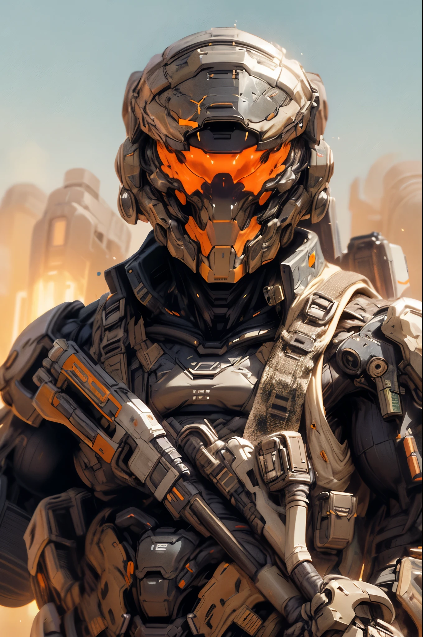 (((An epic and visually stunning digital anime masterpiece featuring a sylphlike masculine ((male:1.5)) decorated military dieselpunk cyborg soldier clad in a sleek yet tactical armored yet decorated leather military trench coat:1.2))), (((flat masculine male chest:1.5, mechanical full head helmet, mecha helmet with narrow orange eyes:1.5))), (((the character adorned in a (scifi tactical armored open front trench coat with a built in exoskeleton:1.5) (over a form fitted armor plated yet super sleek and revealing under suit with waist cut outs:1.3), the armor is beautifully engraved:1.4))), The image showcases the intricacies of the character’s armor and clothing:1.5, ((capturing their flamboyant essence and heavy mecha aesthetic:1.2)). The character also possesses an androgynous charm, (((with slim yet heavily muscled physique:1.2, sylphlike with a sleek waist, toned yet beautifully sleek cybernetic arms:1.3, mechanical arms and legs:1.3, mecha muscles:1.3))), looking at viewer, (((brass metal armor and brown leather, dieselpunk:1.3))), (((depth of field, cinematic lighting, chromatic aberration, ray tracing, UHD, masterpiece, top of head covered, super detail, high details, high quality, award winning, 8k, highres)))