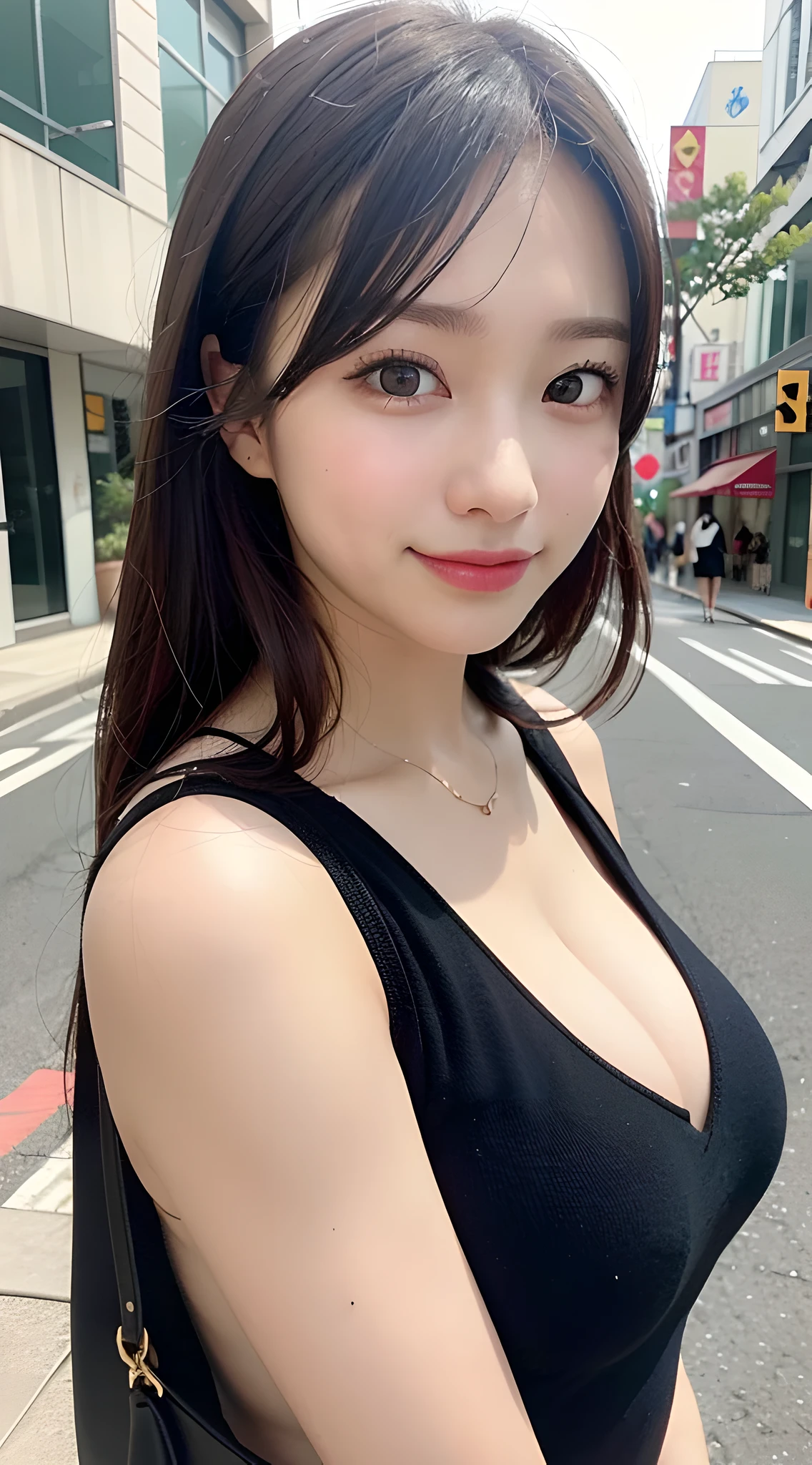 ulzzang -6500-v1.1,(masutepiece, top-quality:1.3),(Top image quality,8K:1.3),Realistic high-quality photos, Ultra-detailed, finely detail, hight resolution, 8K Wallpaper, Perfect dynamic composition, Beautiful detailed eyes, doress,Medium Hair, Big breasts, Natural Color Lip, Random and sexy poses,Smile,Aoyama Street Walk、20 years girl