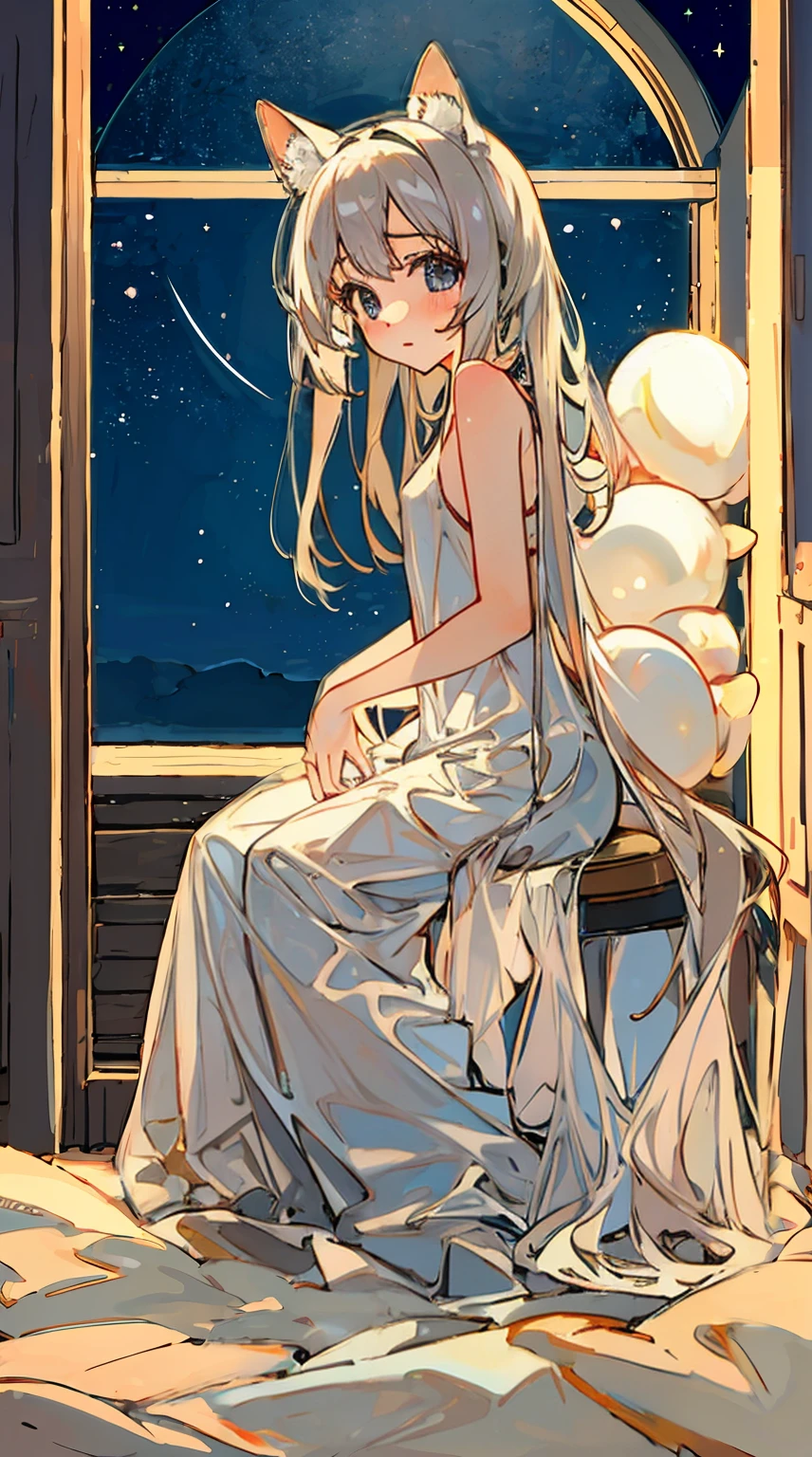 (NSFW:0.9),(little girl:1.4), solo, full body, sitting, dynamic angle, white hair, flat chest, frilled, 3yo, brown hair, long hair, night, starry sky, dark, sleepy, want to sleep, animal ears hood, holding stuffed hamster, covered breasts,shy, blush,A young girl in pajamas holding a large stuffed animal, with a shy expression on her face, in a bedroom setting, The composition should exude a blend of sensuality and innocence, The background should be visually captivating, high resolution, erotic cute, cute and erotic appearance, best quality, highres, absurdres, full_body, perfect_anatomy, hands_perfect, beautiful_skin_x4, dynamic_lighting, shadow_blurringx4, perfect_hands, fine_fingers、Top image quality、Top resolution、​masterpiece