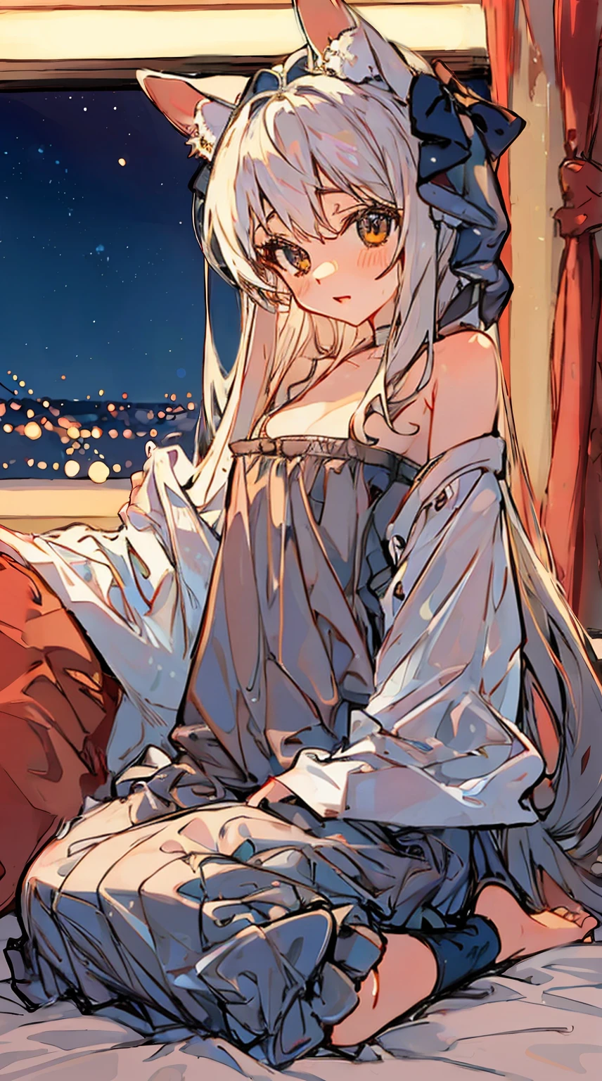 (NSFW:0.9),(little girl:1.4), solo, full body, sitting, dynamic angle, white hair, flat chest, frilled, 3yo, brown hair, long hair, night, starry sky, dark, sleepy, want to sleep, animal ears hood, holding stuffed hamster, covered breasts,shy, blush,A young girl in pajamas holding a large stuffed animal, with a shy expression on her face, in a bedroom setting, The composition should exude a blend of sensuality and innocence, The background should be visually captivating, high resolution, erotic cute, cute and erotic appearance, best quality, highres, absurdres, full_body, perfect_anatomy, hands_perfect, beautiful_skin_x4, dynamic_lighting, shadow_blurringx4, perfect_hands, fine_fingers、Top image quality、Top resolution、masterpiece