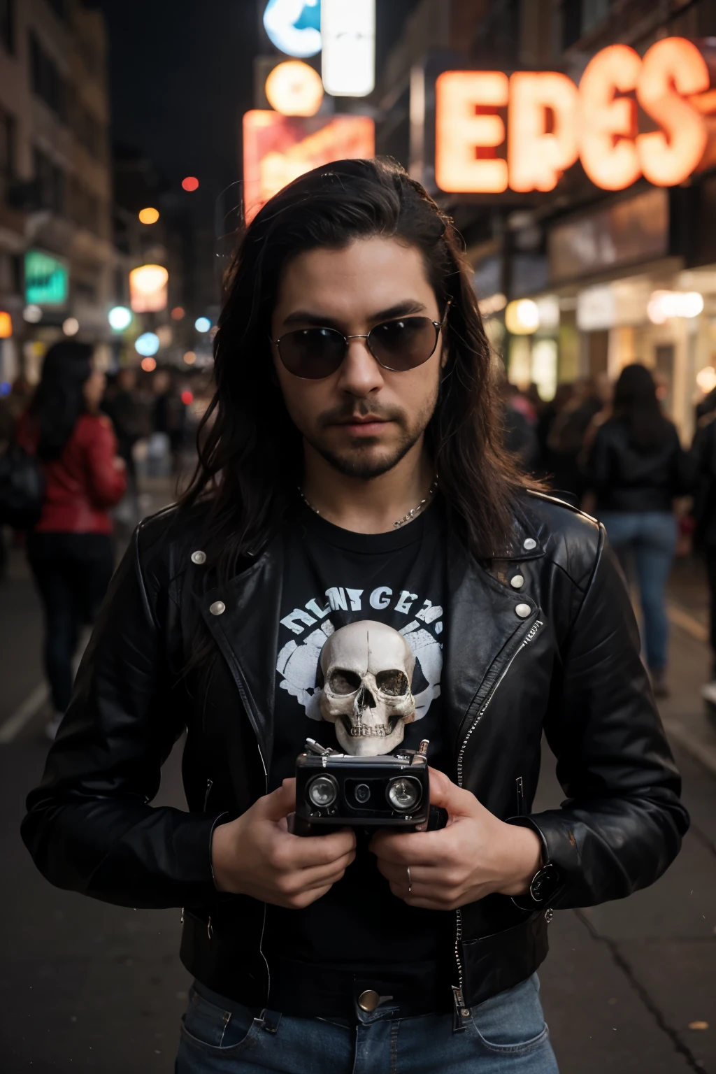 Funko figure of a male, sneering, called John LoFaro, wearing a Black AC/DC tshirt, silver aviator sunglasses, a Black leather biker jacket unzipped, a Black leather bracelet with spikes on his left wrist, a silver skull ring on his right pointer finger, Blue ripped jeans and Black motorcycle style boots, Long black wavy hair slicked back and Short black full beard. The Funko is displayed inside and outside a limited edition Neon green and black Funko box with Flaming neon green text, allowing visibility of the figure, typography, 3D render. Black background